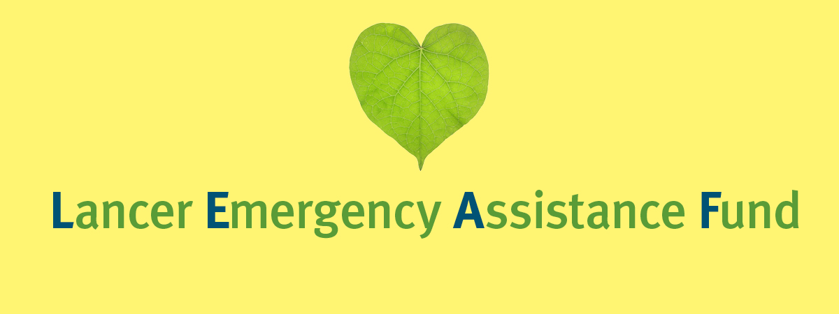 Text Lancer Emergency Assistance Fund with heart shaped leaf