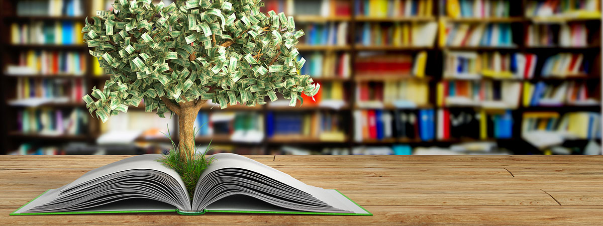 Graphic of money as leaves on a tree, with the tree growing from an open book