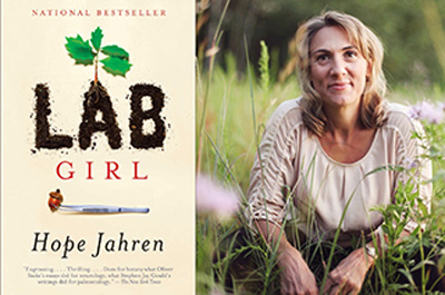 Book cover art with text: Lab Girl, Hope Jahren, and the author's photo